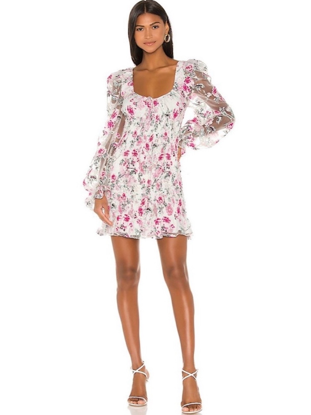 For Love & Lemons Lovell Burnout White Mini Dress with Pink Floral Print